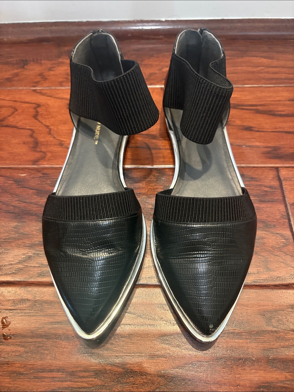 United Nude Black Textured Pointed Toe leather D'Orsay flats
